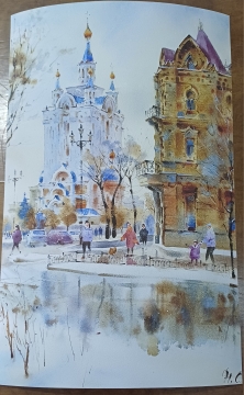 Картина " Комсомольская площадь. Хабаровск", акварель, жикле 30*42