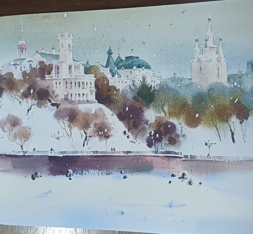 Картина "На высоком берегу. Хабаровск", акварель, жикле, 30*42