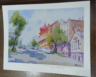 Картина "Улица Калинина. Лето. . Хабаровск ". Акварель, жикле , 30*42