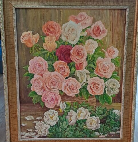 Картина  интерьерная "Розы и белый шиповник". Х\м, 50*40