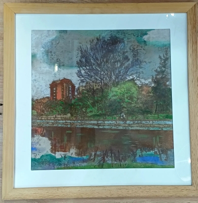 Картина "Сумерки. Хабаровск". бумага, акварель, диатипия, 40*39