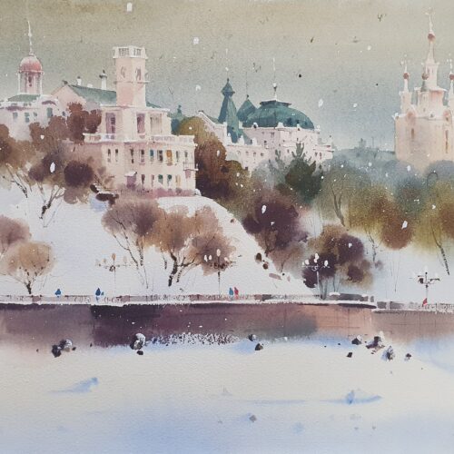 Картина "Первый снег", жикле, акварель, бумага