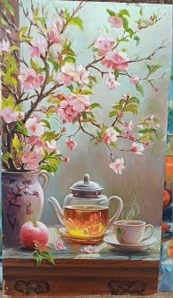 Картина "Ветка весны". 50*28, х/ДВП