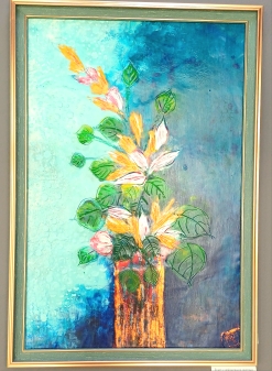 Картина "Букет с оранжевыми цветами", 60*40, энкаустика