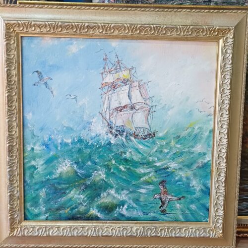 Картина "Фрегат и буревестники",  48*47,5, холст на картоне, масло