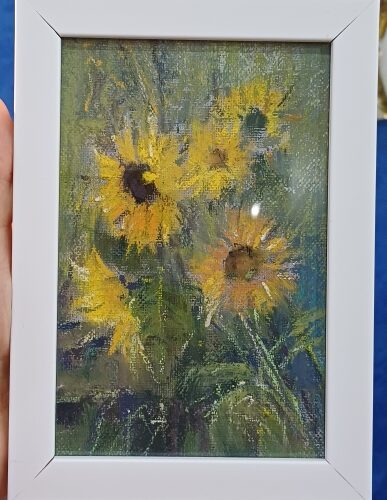 Картина "Подсолнухи", 15*25, холст на картоне, пастель . Миниатюра